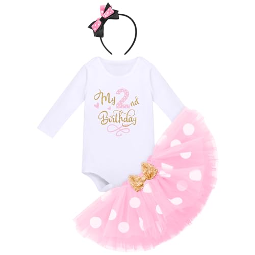 Baby Mädchen Mein 2. Geburtstag Party Outfit Maus Kostüm Baumwolle Langarm Body Strampler Prinzessin Gepunktet Tütü Tüll Rock Stirnband Herbst Winter Bekleidungsset Rosa - Mein 2. Geburtstag 2 Jahre von FYMNSI