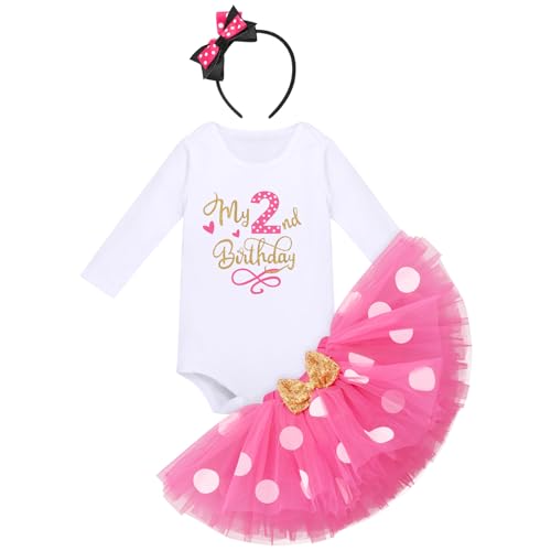 Baby Mädchen Mein 2. Geburtstag Party Outfit Maus Kostüm Baumwolle Langarm Body Strampler Prinzessin Gepunktet Tütü Tüll Rock Stirnband Herbst Winter Bekleidungsset Rose - Mein 2. Geburtstag 2 Jahre von FYMNSI