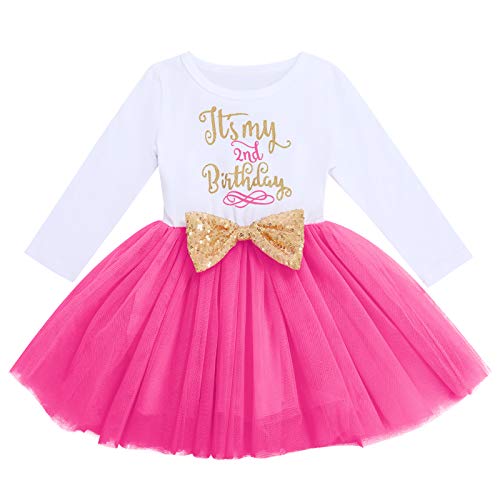 FYMNSI Baby Mädchen Mein Zweiter 2. Geburtstag Kleid Baumwolle Langarm Tutu Tüllkleid Pailletten Schleife A-Linie Prinzessin Partykleid Fotoshooting Outfit Rose - Es ist Mein 2. Geburtstag 2 Jahre von FYMNSI