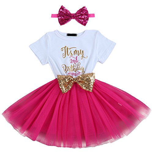 FYMNSI Baby Säugling Mädchen Es ist Mein 1. / 2. Geburtstag Party Kleid Outfit Kurzarm Tütü Tüll Prinzessin Geburtstagskleid mit Pailletten Schleife Stirnband Fotoshooting Babykleidung Set Rose von FYMNSI