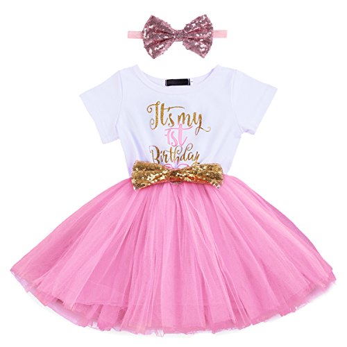 FYMNSI Baby Säugling Mädchen Es ist Mein 1. / 2. Geburtstag Party Kleid Outfit Kurzarm Tütü Tüll Prinzessin Geburtstagskleid mit Pailletten Schleife Stirnband Fotoshooting Babykleidung Set Rosa von FYMNSI