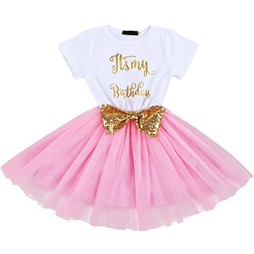 FYMNSI Baby Säugling Mädchen Es ist Mein 1. / 2. Geburtstag Party Kleid Outfit Kurzarm Tütü Tüll Prinzessin Geburtstagskleid mit Pailletten Schleife Stirnband Fotoshooting Babykleidung Set Rosa von FYMNSI