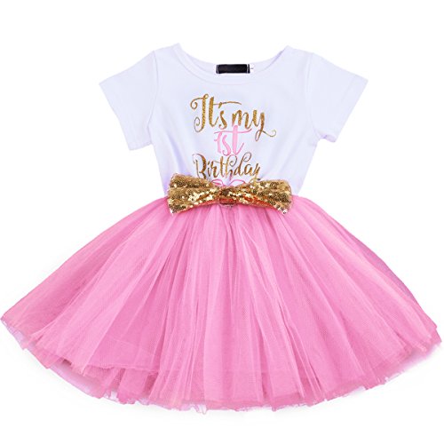 FYMNSI Baby Säugling Mädchen Es ist Mein 1. / 2. Geburtstag Party Kleid Outfit Kurzarm Tütü Tüll Prinzessin Geburtstagskleid mit Pailletten Schleife Stirnband Fotoshooting Babykleidung Set Rosa von FYMNSI