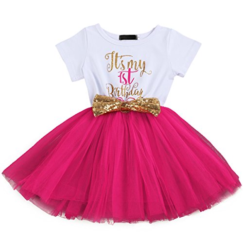 FYMNSI Baby Säugling Mädchen Es ist Mein 1. / 2. Geburtstag Party Kleid Outfit Kurzarm Tütü Tüll Prinzessin Geburtstagskleid mit Pailletten Schleife Stirnband Fotoshooting Babykleidung Set Rose von FYMNSI