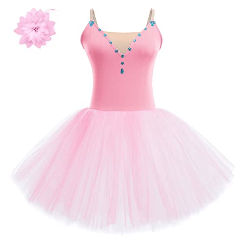 FYMNSI Damen Ballettkleid Schwan Ballett Kostüm Tüllkleid Tütü Tanzkleid Ärmellos Trägerkleid mit Blumen Haarklammer Erwachsene Ballettkleidung Professionelles Balletttrikot Ballettanzug Rosa S von FYMNSI