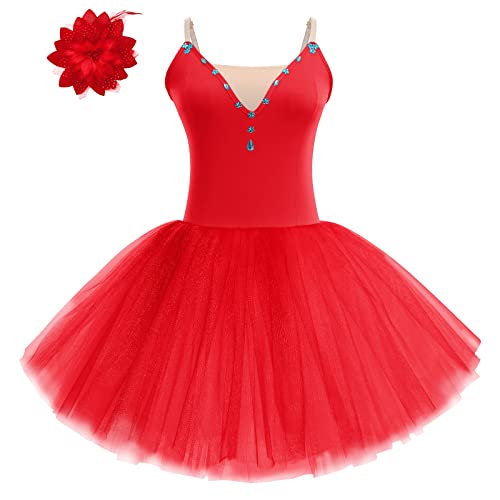 FYMNSI Damen Ballettkleid Schwan Ballett Kostüm Tüllkleid Tütü Tanzkleid Ärmellos Trägerkleid mit Blumen Haarklammer Erwachsene Ballettkleidung Professionelles Balletttrikot Ballettanzug Rot M von FYMNSI