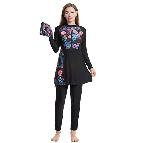 FYMNSI Damen Burkini Muslimische Badebekleidung Ganzkörper Bescheidener Badeanzug Modest Muslim Swimwear Langarm Schwimmoberteile Schwimmhose Hut 3tlg Set Surfanzug Strand Schwimmanzug Schwarz L von FYMNSI