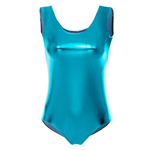 FYMNSI Damen Gl?nzende Ballettanzug Ballettbody Sport Tanz Body Gymnastikanzug Trikot ?rmellos Bodysuit Metallic Wetlook Einteiler Turnanzug Leotards Overall Lack Leder Oberteile Tops Kost?me Blau M von FYMNSI