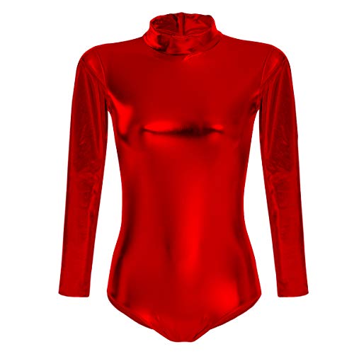 FYMNSI Damen Glänzende Ballettanzug Ballettbody Sport Tanz Body Gymnastikanzug Trikot Langarm Bodysuit Metallic Wetlook Einteiler Turnanzug Leotards Overall Lack Leder Oberteile Tops Kostüm Rot M von FYMNSI