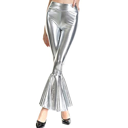 FYMNSI Damen Gl?nzende Schlaghose Trompetenhose Weite Bein Palazzo Lange Hose Hohe Bund Hippie 70er Glitzer Schlanke Leggins Einfarbig Metallic Wetlook Stretch Tanzhosen Disco Clubwear Silber XL von FYMNSI