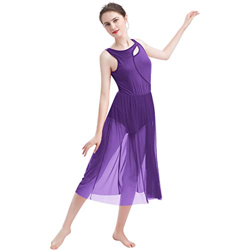 FYMNSI Damen Lyrisch Tanz Kleid Ärmellos Tüll Maxikleid Lyrische Modern Contemporary Tanzkostüm Trikot Latein Ballett Tüllkleider Ballettanzug Bühnenanzug Tanzkleidung Lila XS von FYMNSI