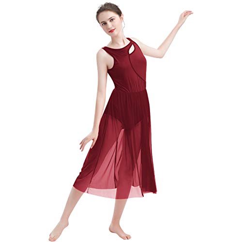 FYMNSI Damen Lyrisch Tanz Kleid Ärmellos Tüll Maxikleid Lyrische Modern Contemporary Tanzkostüm Trikot Latein Ballett Tüllkleider Ballettanzug Bühnenanzug Tanzkleidung Weinrot L von FYMNSI