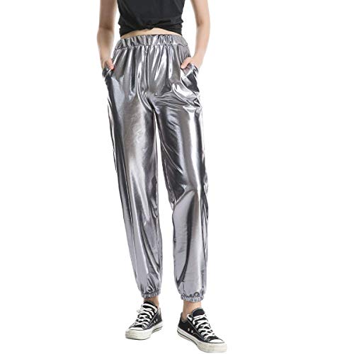 FYMNSI Damen Metallic Glänzed Hose Elastischer Bund Sporthose Locker Freizeit Casual Lang Hose Sweathose Jogginghose Leggins Einfarbig Wet Look Stretch Leggings Tanzhosen Party Disco Clubwear Grau XL von FYMNSI