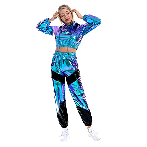 FYMNSI Damen Metallic Glänzend Jogginganzug Trainingsanzug Sportanzug Holographische Langarm Kapuzen Crop Top Pullover Sweatshirt Sweathose Hip Hop Streetwear 80er Jahre Fasching Kostüm Laser Blau S von FYMNSI