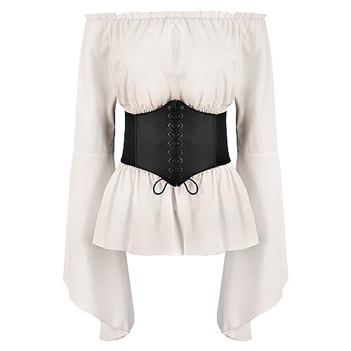 FYMNSI Damen Renaissance Bauernbluse Schulterfrei Tops Trompeten?rmel Gothic Boho Bluse Mittelalter Gesmokt Langarmshirt mit G?rtel Korsett Pirat Steampunk Wikinger Kleidung Kost?m Halloween Rahm XL von FYMNSI