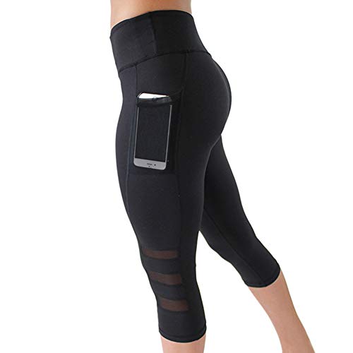 FYMNSI Damen Yogahose 3/4 Sporthose Leggings Tights Mesh Laufhose Bauchkontrolle Hohe Taille Mit Taschen Dehnbar Blickdicht Jogginghose für Yoga Sport Fitness Laufen Workout Streetwear Schwarz L von FYMNSI