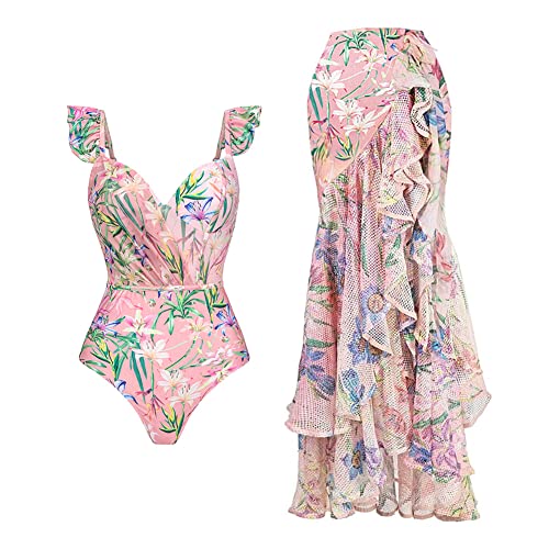 FYMNSI Damen Zweiteilig Badeanzug V-Ausschnitt Monokini Elegant R?schen Bauchweg R?ckenfrei Ruched Einteilige Bademode Swimsuit mit Rock Strand Sarong Chiffon Wickelr?cke Blumen Badekleid Rosa M von FYMNSI