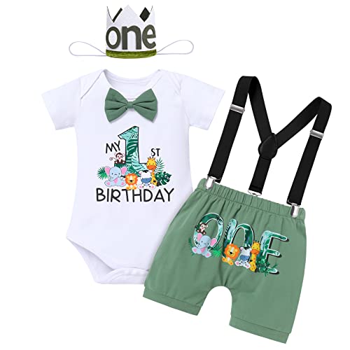 FYMNSI Dschungel Baby Jungen 1. Geburtstag Party Outfit Waldtier Baumwolle Kurzarm Strampler Body Shorts Hosenträger König Krone Hut Bekleidungsset Fotoshooting Kostüme 4tlg Erbsengrün 12-18 Monate von FYMNSI