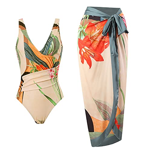 FYMNSI Frauen Zweiteiliger Badeanzug V-Ausschnitt Gepolstert Einteiler Monokini mit Langem Wickelrock Sarong Strand Cover Up Beachwear, khaki, M von FYMNSI