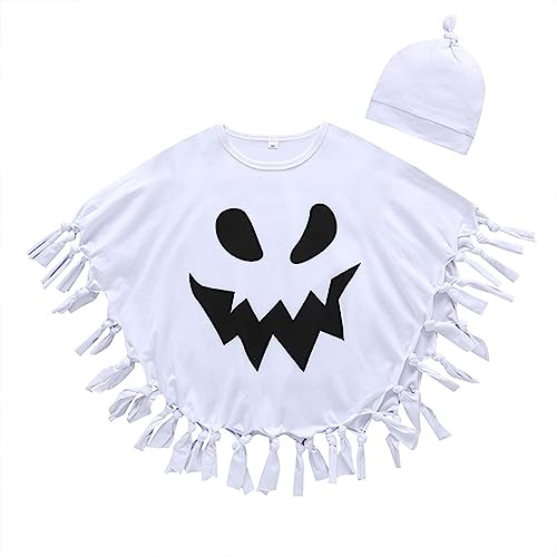 FYMNSI Halloween Kinderkostüm Geisterumhang Umhang mit Hut Geistergesicht Aufdruck Kinder Jungen Mädchen Gespenst Mottoparty Karneval Fashing Mottoparty Cosplay Ghost Cloak Weiß + Hut 4-5 Jahre von FYMNSI