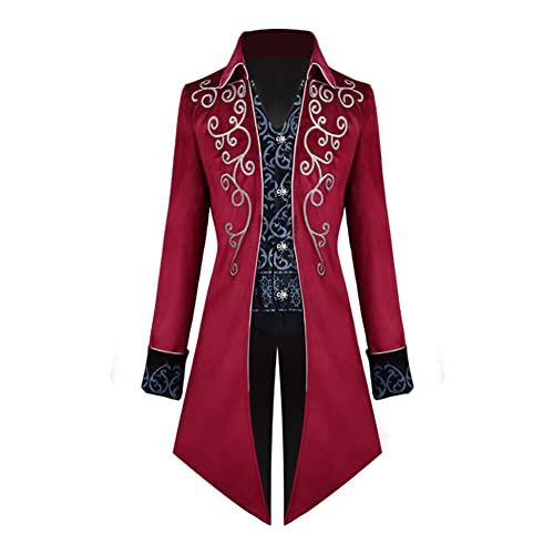 FYMNSI Herren Gothic Steampunk Frack Mantel M?nner Langes Smoking Mittelalter Viktorianischen Retro Jacke mit Waistcoat Uniform Karneval Fasching Halloween Kost?m Party Cosplay 1# Weinrot L von FYMNSI