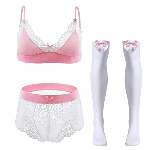 FYMNSI Herren Sissy Dessous Männer Unterwäsche Set Crossdresser Transparent Spitzen BH Top String Tanga Slip mit Lange Strümpfe 3tlg Reizwäsche Erotik Unterhose Nachthemden Negligee Rosa + Weiß L von FYMNSI