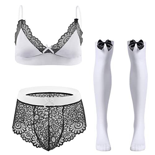 FYMNSI Herren Sissy Dessous Männer Unterwäsche Set Crossdresser Transparent Spitzen BH Top String Tanga Slip mit Lange Strümpfe 3tlg Reizwäsche Erotik Unterhose Nachthemden Negligee Schwarz + Weiß M von FYMNSI