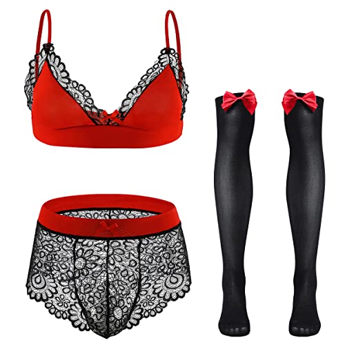 FYMNSI Herren Sissy Dessous Männer Unterwäsche Set Crossdresser Transparent Spitzen BH Top String Tanga Slip mit Lange Strümpfe 3tlg Reizwäsche Erotik Unterhose Nachthemden Negligee Schwarz + Rot M von FYMNSI