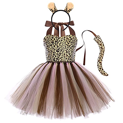 FYMNSI Kinder Baby Halloween Tier Kost?m M?dchen Leopard Cosplay T?t? Kleid Mit Ohren Stirnband Schwanz Outfit f?r Geburtstagsfeier Fasching Mottoparty Karneval Weihnachten Verkleidung Braun 11-12J von FYMNSI