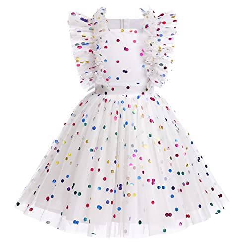 FYMNSI Kleider F?r M?dchen Prinzessin Festliches Kleid Blumenm?dchenkleider Hochzeit Sommerkleid M?dchenkleider R?schen ?rmellos T?llkleid Einschulung Geburtstag Partykleid Wei? Gepunktet 3-4 Jahre von FYMNSI