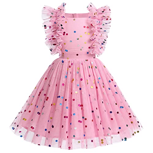 FYMNSI Kleider F?r M?dchen Prinzessin Festliches Kleid Blumenm?dchenkleider Hochzeit Sommerkleid M?dchenkleider R?schen ?rmellos T?llkleid Einschulung Geburtstag Partykleid Rosa Gepunktet 3-4 Jahre von FYMNSI