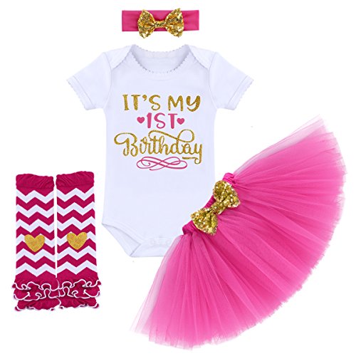 FYMNSI Kleinkinder Baby Mädchen 1. 2. 1/2. Geburtstag Party Outfit Prinzessin Kleid Baumwolle Kurzarm Strampler Tüll Tütü Rock Pailletten Stirnband Beinwärmer Set 4tlg Fotoshooting Kostüm Geschenk von FYMNSI