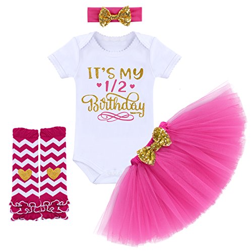 FYMNSI Kleinkinder Baby Mädchen 1. 2. 1/2. Geburtstag Party Outfit Prinzessin Kleid Baumwolle Kurzarm Strampler Tüll Tütü Rock Pailletten Stirnband Beinwärmer Set 4tlg Fotoshooting Kostüm Geschenk von FYMNSI