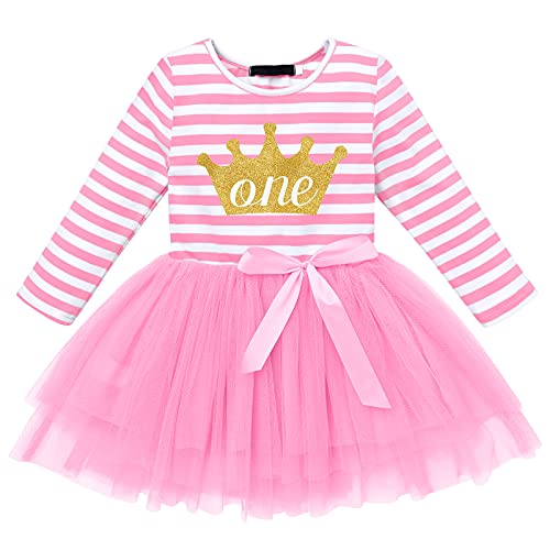 FYMNSI Kleinkinder Baby Mädchen 1. 2. 3. Jahre Geburtstag Party Kleid Gestreift Tüllkleid Langarm Glänzend Krown Prinzessin Tütü Festkleid Streifen Herbstkleid Freizeit Fotoshooting Bekleidung von FYMNSI