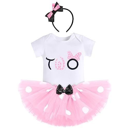 FYMNSI Kleinkinder Baby Mädchen 2. Zweiter Geburtstag Outfit Maus Kostüm Gepunktet Tütü Rock Baumwolle Kurzarm Body Strampler mit Ohr Stirnband 3tlg Sommer Bekleidungsset Rosa - Two 2 Jahre von FYMNSI