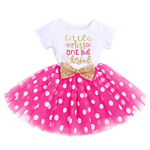 FYMNSI Kleinkinder Baby Mädchen Erster 1 Geburtstag Kleid Kurzarm Tutu Tüllkleid Gepunktet Rock mit Pailletten Schleife A-Linie Prinzessin Partykleid Fotoshooting Outfit Kostüm Rose 1 Jahr von FYMNSI