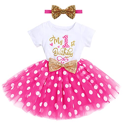 FYMNSI Kleinkinder Baby Mädchen Mein 1. Geburtstag Kleid Kurzarm Tutu Tüll Gepunktet Rock mit Pailletten Schleife Stirnband 2tlg Bekleidungsset Prinzessin Partykleid Fotoshooting Rose von FYMNSI