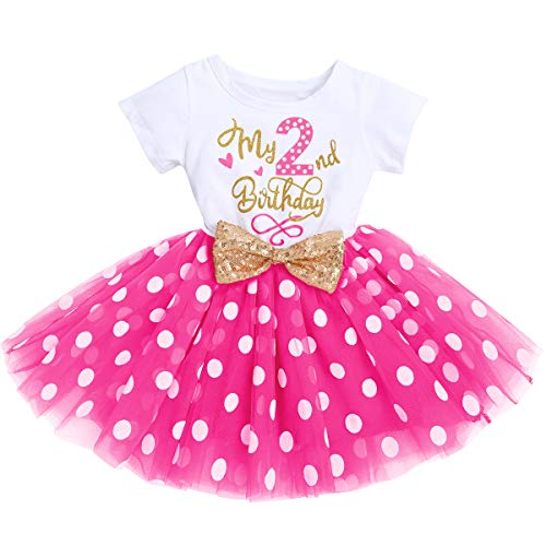 FYMNSI Kleinkinder Baby Mädchen Mein 2. Geburtstag Kleid Kurzarm Tutu Tüllkleid Gepunktet Rock mit Pailletten Bowknot Prinzessin Partykleid Fotoshooting Outfit Kostüm Rose 2 Jahre von FYMNSI