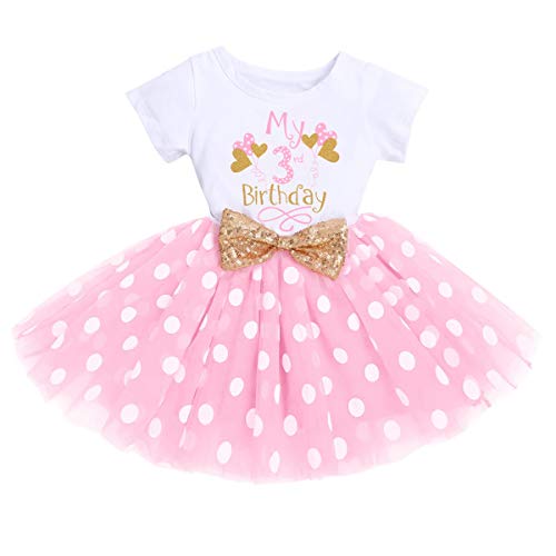 FYMNSI Kleinkinder Baby Mädchen Mein 3. Geburtstag Kleid Kurzarm Tutu Tüllkleid Gepunktet Rock mit Pailletten Schleife A-Linie Prinzessin Partykleid Outfit Rosa 3 Jahre von FYMNSI