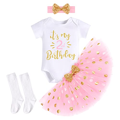 FYMNSI Kleinkinder Mädchen 2. Zweiter Geburtstag Party Outfit Baumwolle Kurzarm Body Strampler Prinzessin Tupfen Tütü Tüll Rock Pailletten Schleife Stirnband Socken 4tlg Bekleidungsset Rosa von FYMNSI