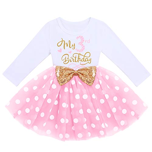 FYMNSI Kleinkinder Mädchen Mein 3. Geburtstag Kleid Baumwolle Langarm Gepunktet Tutu Tüllkleid Pailletten Schleife A-Linie Prinzessin Partykleid Fotoshooting Outfit Kostüm Rosa Tupfen 3 Jahre von FYMNSI