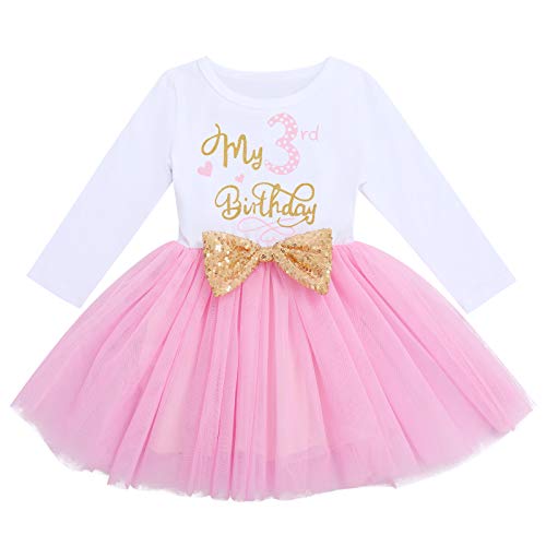 FYMNSI Kleinkinder Mädchen Mein 3. Geburtstag Kleid Baumwolle Langarm Tutu Tüllkleid Pailletten Schleife A-Linie Prinzessin Partykleid Fotoshooting Outfit Kostüm Rosa - Mein 3. Geburtstag 3 Jahre von FYMNSI