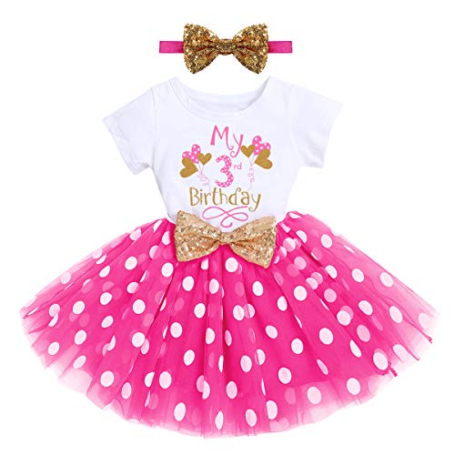 FYMNSI Kleinkinder Mädchen Mein 3. Geburtstag Kleid Kurzarm Tutu Tüllkleid Gepunktet Rock mit Pailletten Schleife Stirnband A-Linie Prinzessin Partykleid Fotoshooting Outfit Rose Tupfen Ballon 3 Jahre von FYMNSI