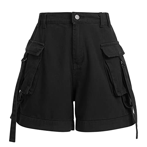 FYMNSI Kurze Hosen Damen Sommer Cargo Shorts Milit?r Casual Elastische Taille Freizeithose mit Taschen Hotpants Baumwolle Outdoorhose Arbeitshose Jeans Bermuda Shorts Outdoor Wandern Short Schwarz S von FYMNSI