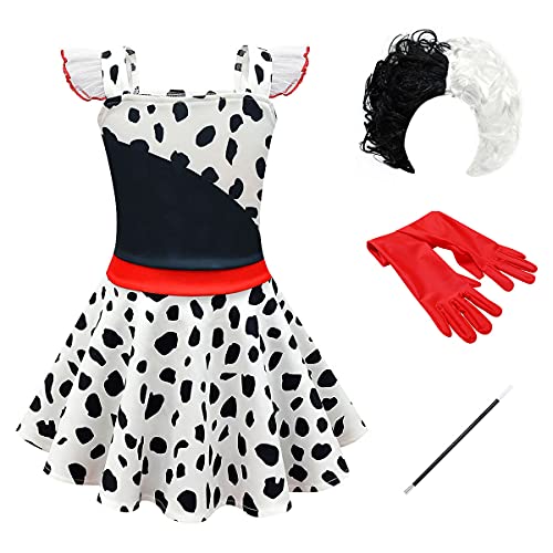 FYMNSI M?dchen Cruella Deville Kost?m, Kinder Cruella de Vil Cosplay Schwarz Wei? Gepunktet Kleid Per?cke Handschuhe Stange Set 101 Dalmatiner Charakter Verkleidung f?r Halloween Fasching 5-6 Jahre von FYMNSI