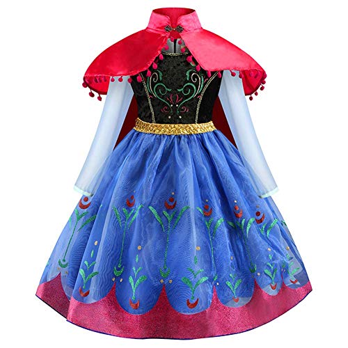 FYMNSI Mädchen Anna Kostüm Eiskönigin Kleid mit Umhang Kinder Prinzessin Cosplay Karneval Fasching Verkleidung Weihnachten Halloween Festliches Partykleid Geburtstagskleid Lang Abendkleid 2-3 Jahre von FYMNSI