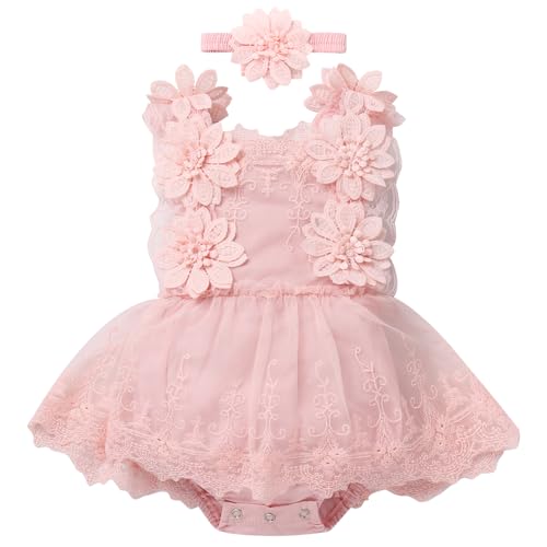 FYMNSI Neugeborenes Baby M?dchen 1. Geburtstag Outfit, Taufkleid Spitzenkleid Partykleid Strampler ?rmellos Bodykleid Einteiler Prinzessin Bodysuit T?t? T?llkleid mit Blumen Stirnband Rosa 3-6M von FYMNSI