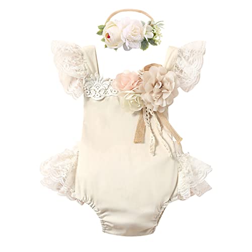 FYMNSI Neugeborenes Baby Mädchen Spitzen Strampler Rüschen Ärmellos Body Einteiler Prinzessin Bodysuit Tütü Tüll Kleid mit Blumen Stirnband Fotoshooting Kostüme Sommer Bekleidungsset Khaki 0-3 Monate von FYMNSI