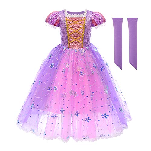 FYMNSI Rapunzel Kost?m Kinder M?dchen Sofia Prinzessin Cosplay Pailletten Maxikleid mit Handschuhe f?r Karneval Fasching Halloween Weihnachten Geburtstag Party Ankleiden Lila 7-8 Jahre von FYMNSI