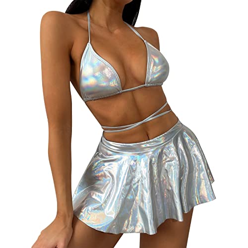 FYMNSI Rave Outfits für Damen Holografischer Neckholder Bikini BH Top Hologramm Metallic Plissee Minirock Set für Disco Tanz Clubwear Festival Halloween Motto Party Alien Kostüm Silber Mini Rock Set M von FYMNSI